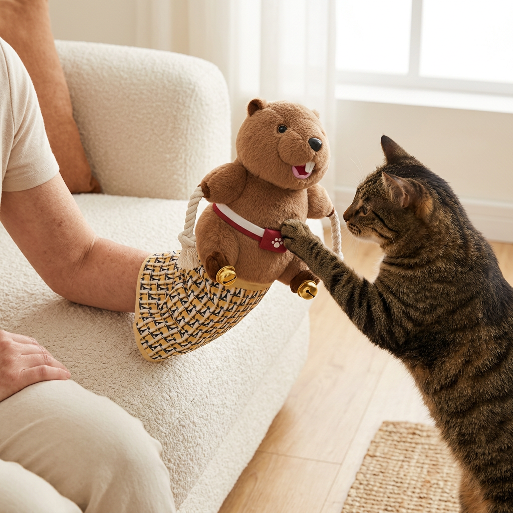 Gato jugando con Bite-Me Buddy con la mano de juego dentro del peluche