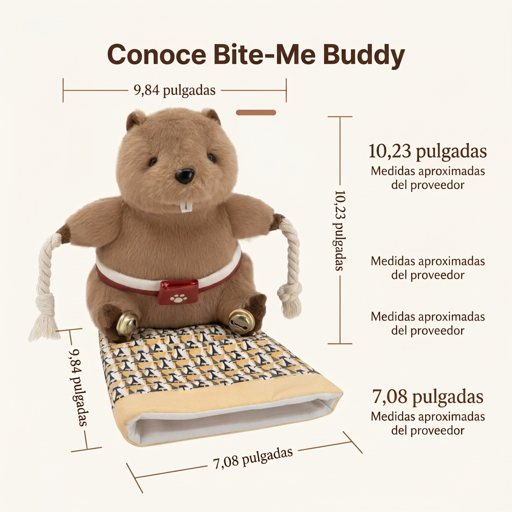 Medidas aproximadas del peluche y la manga Bite-Me Buddy